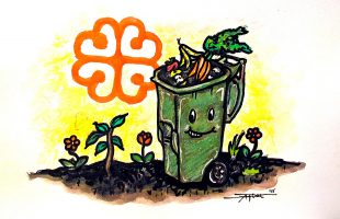 A happy green recycling bin filled with fruits and vegetables on a field of flowers, with the Logo of Montreal in the background.