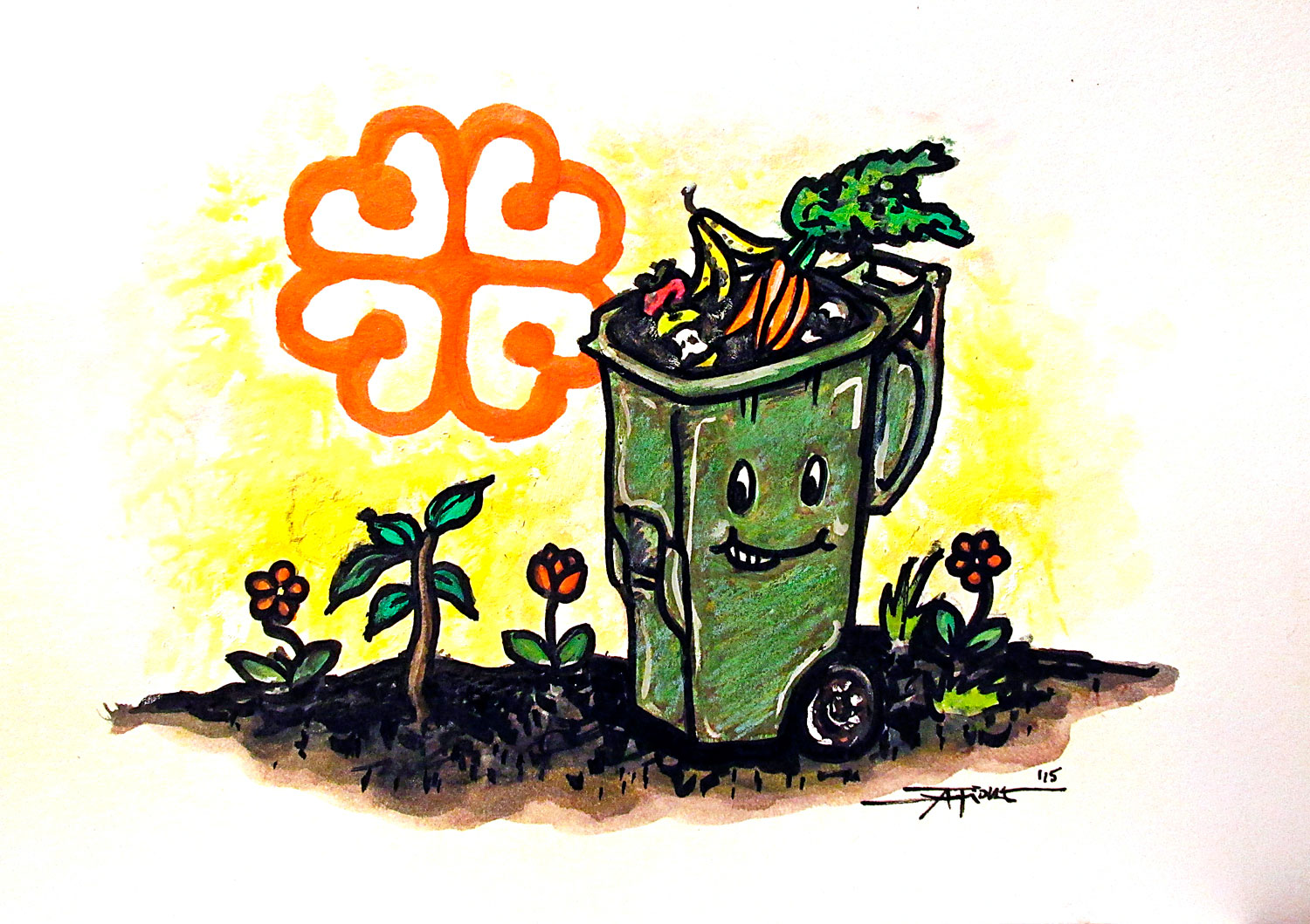 A happy green recycling bin filled with fruits and vegetables on a field of flowers, with the Logo of Montreal in the background.