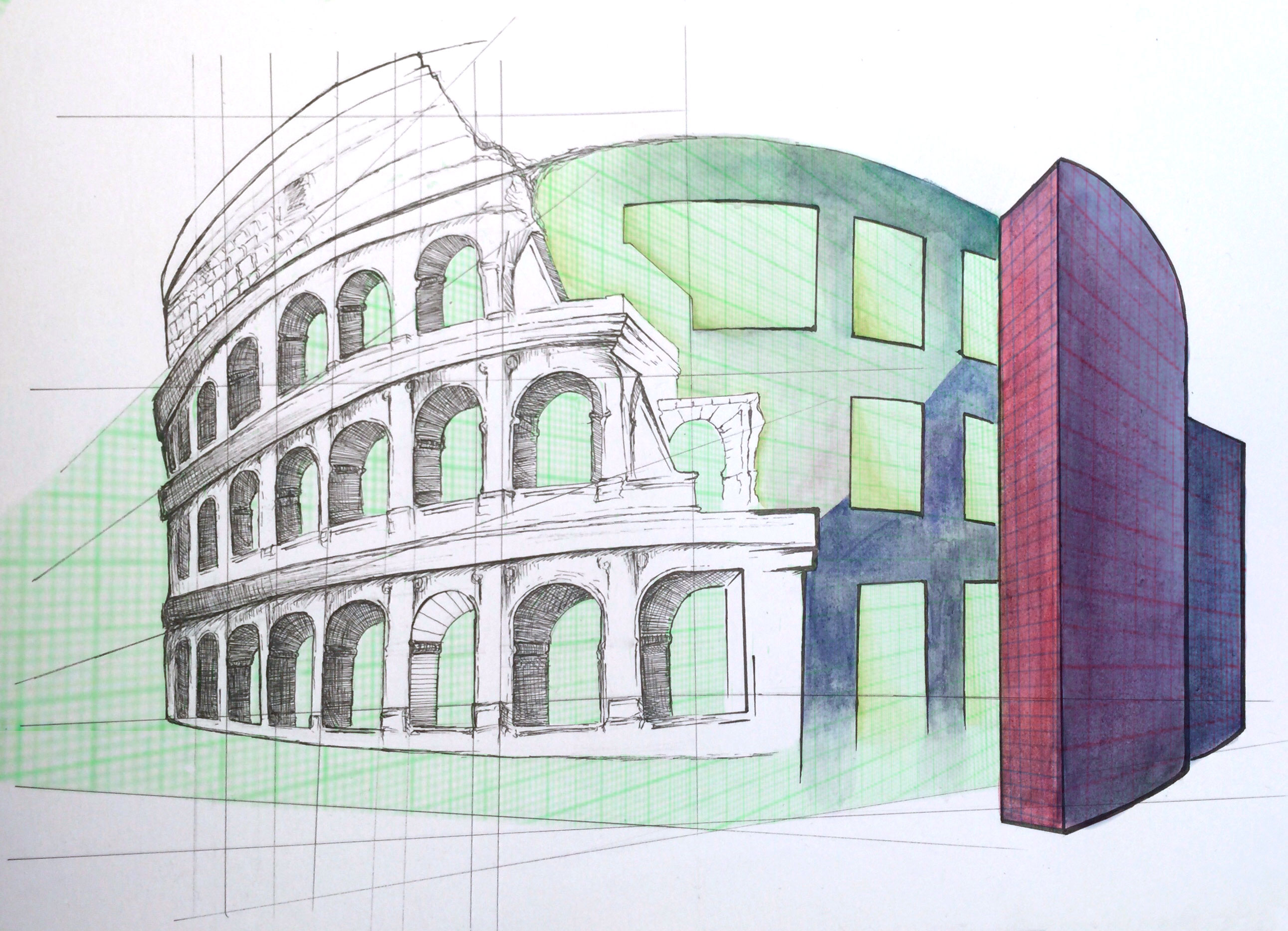 An illustration of a blueprint of the Colosseum blended with modern brutalist architechture