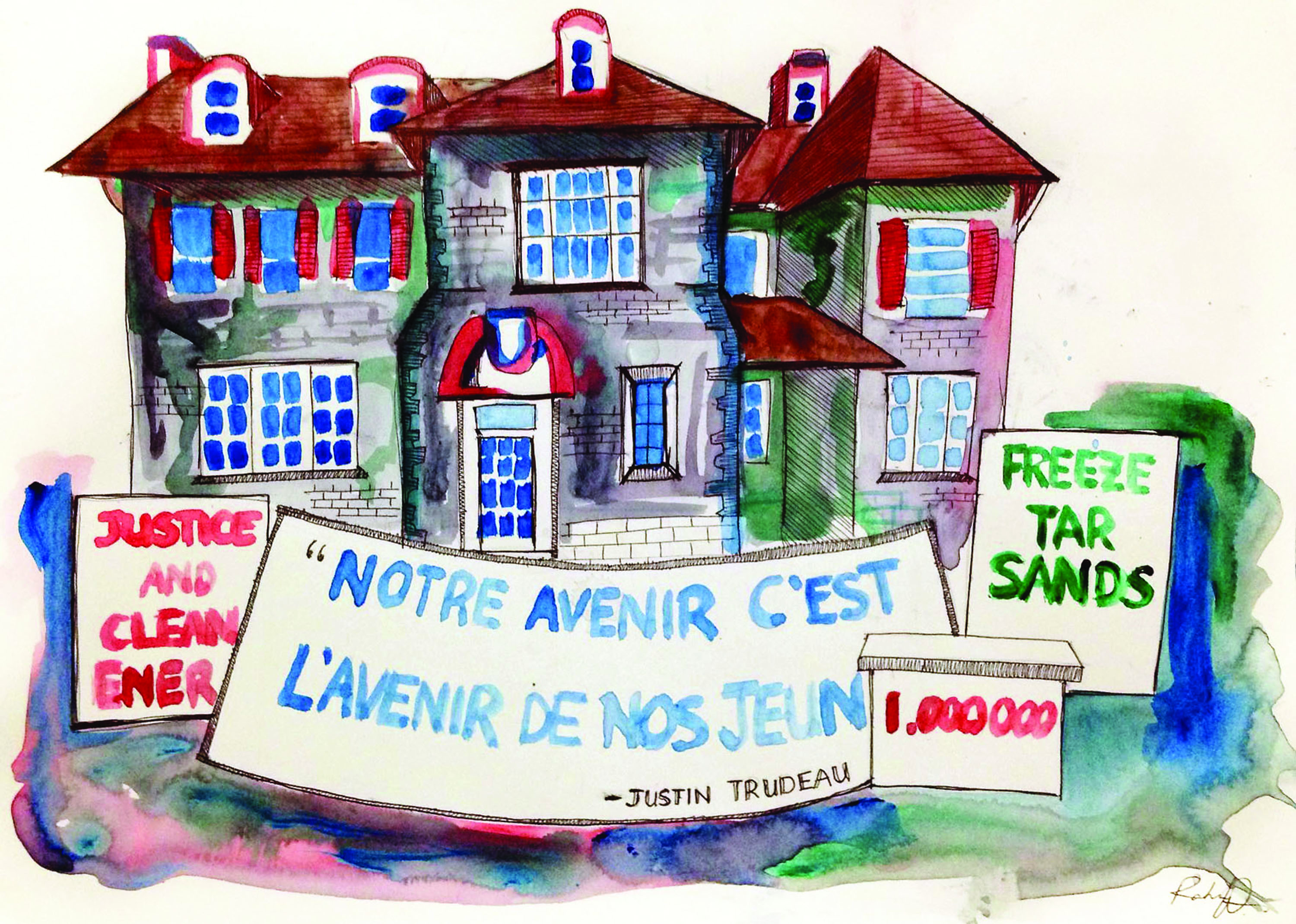 An illustration of 24 Sussex Drive with environmentalist banners in front of it.