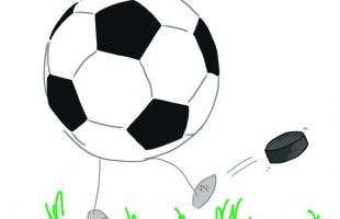 A football with legs, kicking away a hockey puck.