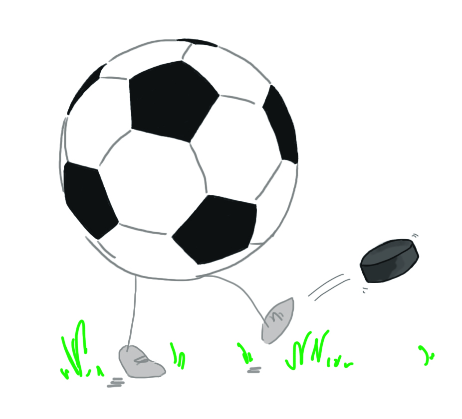 A football with legs, kicking away a hockey puck.