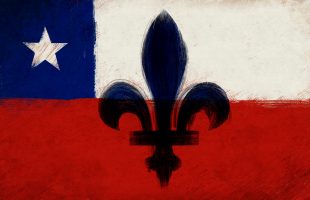 The Chilean flag: A blue square on the left hand corner, with the rest of the flag divided horizontally in half, with white on top and red on the bottom. On the foreground, the a black fleur-de-lys.