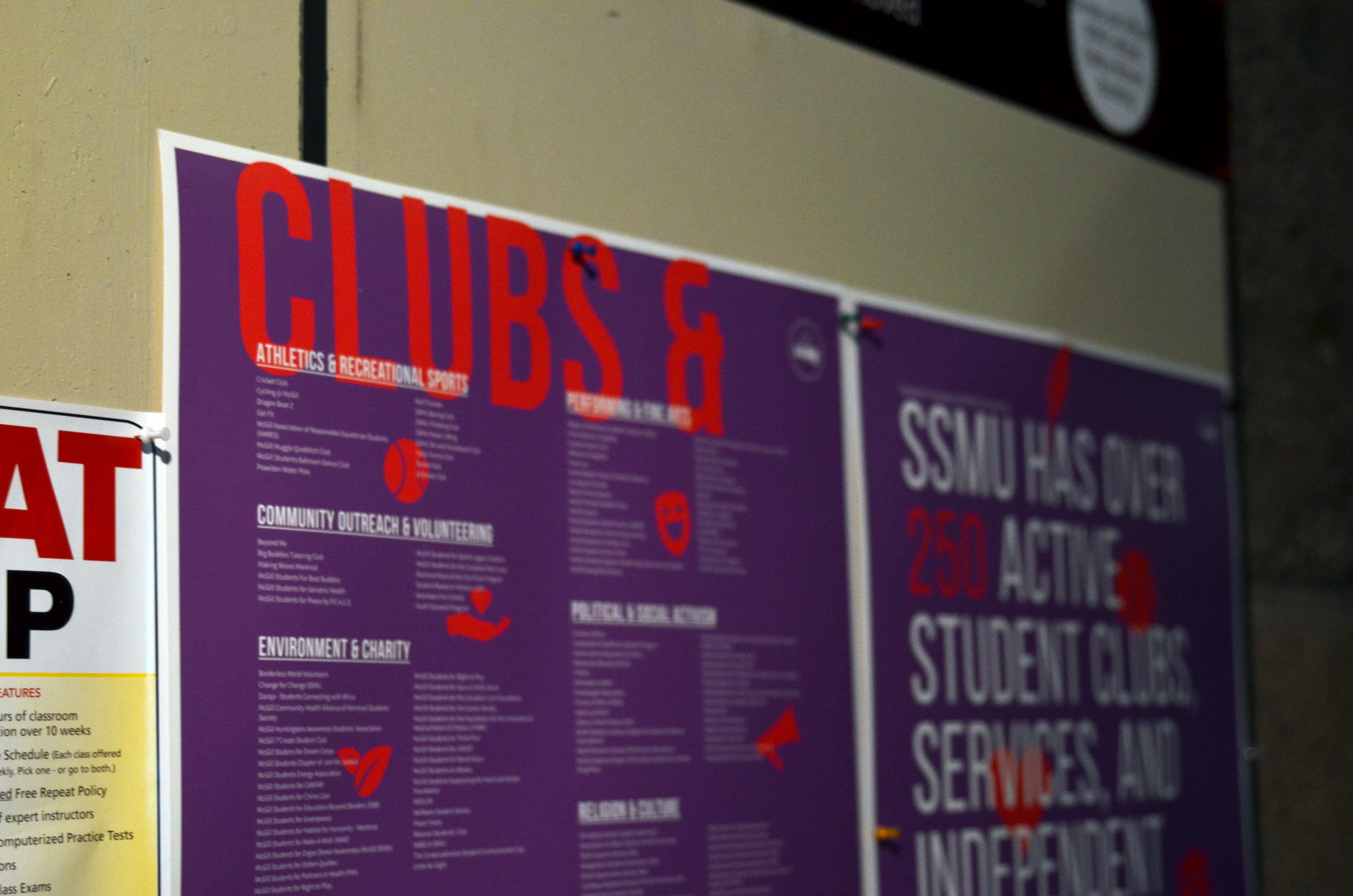 A photograph of a poster listing McGIll clubs and services