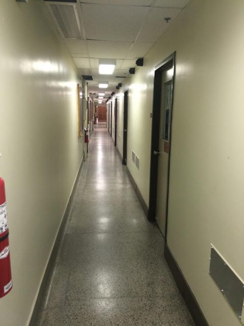 This narrow corridor between labs presents a safety risk.