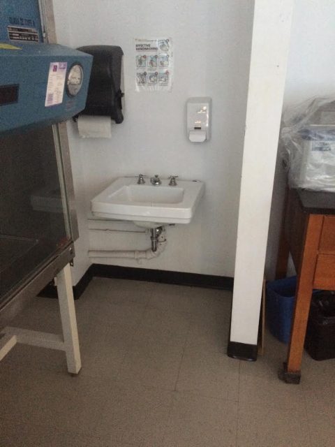 A single small sink serves a lab of a dozen students.