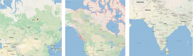 The results of searching for Russia, Canada, and India respectively when searching with Google Maps Canada.