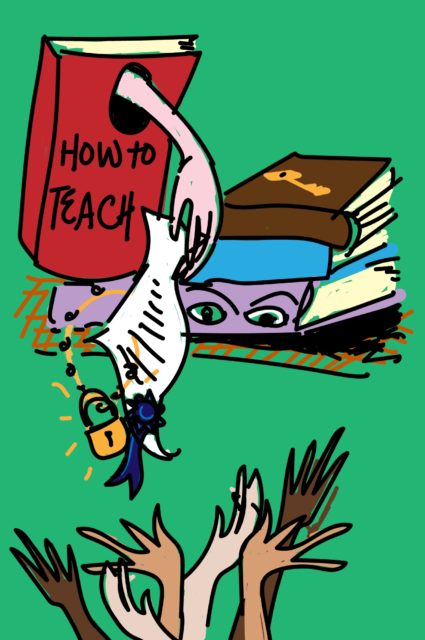 A hand is coming out of a book, dangling a diploma. Six different hands reach out to try to grab it. A pile of books with eyes watches the scene.