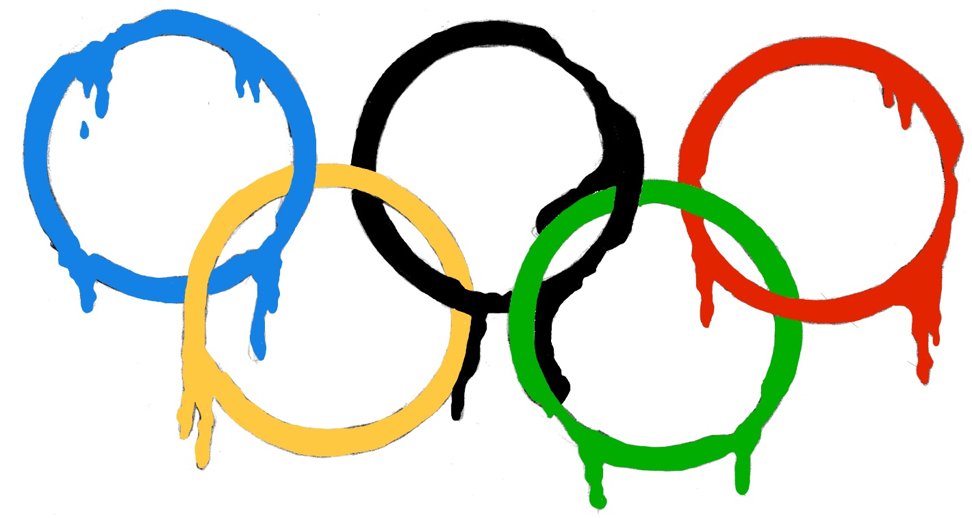 The five rings of the Olympics Games rings melting, with the colour dripping down.